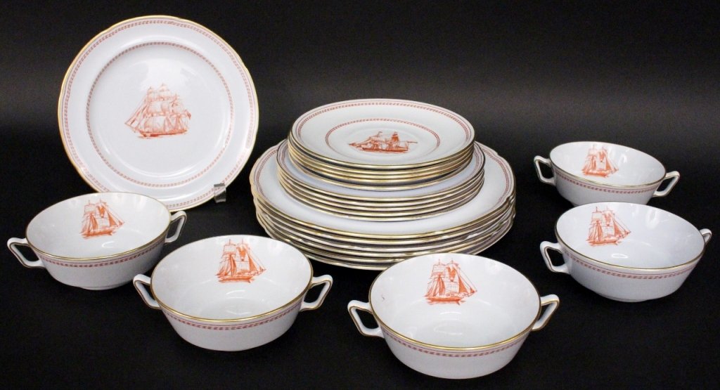 Copeland Spode Tradewinds China (22 Pcs): Twenty two piece Copeland Spode "Trade Winds" (Red) china partial set comprising of five double handled bullion or cream cups and saucers, six salad plates and six dinner plates. Bullion cups and sauc