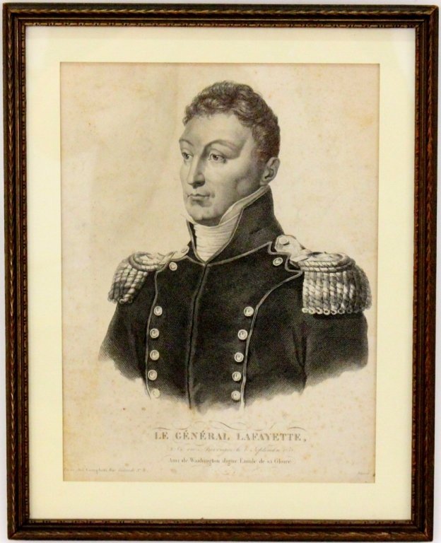 Stipple Engraving General Lafayette: 18th Century stipple engraving depicting Le General Lafayette, full bust in uniform, head three quarters to the left and inscribed NE EN AUVERGNE LE 6 SEPTEMBRE, 1757. AMI DE WASHINGTON DIGNE EMULE DE