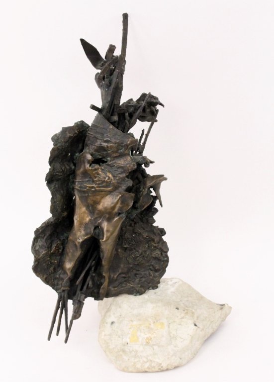 Lilyan Barchoff "War" Bronze Sculpture: Lilyan Barchoff (American, 1918-2008), "War", bronze and stone sculpture. Tabletop figural sculpture rendered in Brutalist manner with textured and jagged handling of a figure with weapons in an abstr