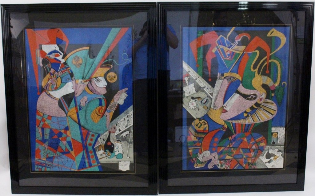 Pair of Mihail Chemiakin Abstract Lithos, Signed: Pair of Mihail Chemiakin (Russian, b. 1943) abstract figural color lithographs comprising of "Poesies I" and " Poesies II". Each signed and numbered lower right corner. Framed 48.75" x 38.25". Sight s