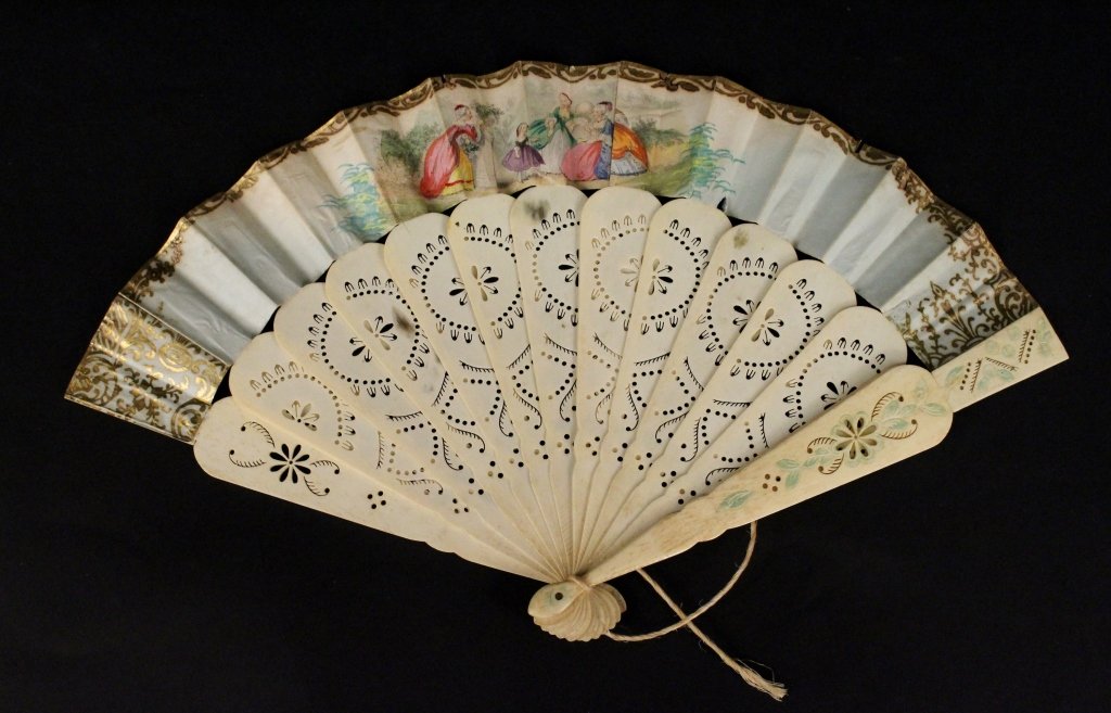 Hand Painted Ivory Ladies Fan: Continental School, 19th century. Ladies fan with pierced floral ivory sticks with hand painted turquoise colored accents below hand painted figural decoration at top surrounded by gilt fern and scrol