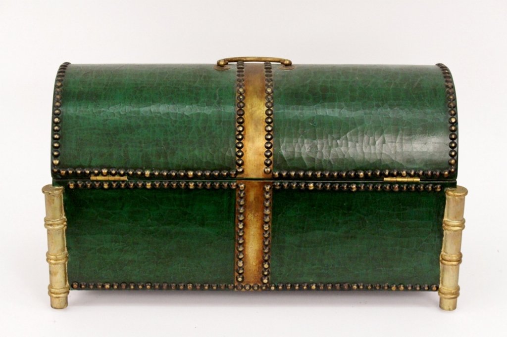 Green Decorative Chest with Brass Accents: 20th century. Decorative green painted lidded chest with domed lid with brass handle, vertical stripe and nail head border with four faux bamboo legs. Height 13", width 23.25", depth 11.25".