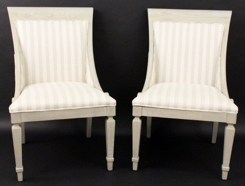 Pair of Paint Decorated Upholstered Chairs: Modern, pair of gray painted armchairs with scrolled custom upholstered back and seat in gray and white stripes on front square tapered legs. Height 39". Width 24.50". Depth 19". Seat to floor 19".