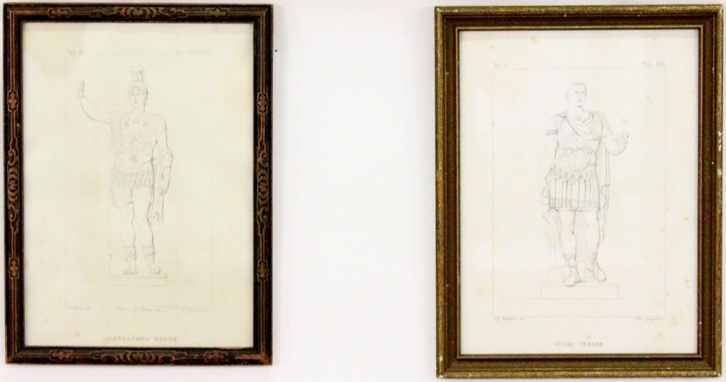 19th Classical Sculptural Engravings, de Clarac: French, 19th century. Pair of copperplate engravings of Classical figural sculptures depicting Alessandro Magno and Guilio Cesare by Charles Othon Frederic Jean-Baptiste, Comte de Clarac (French, 1777