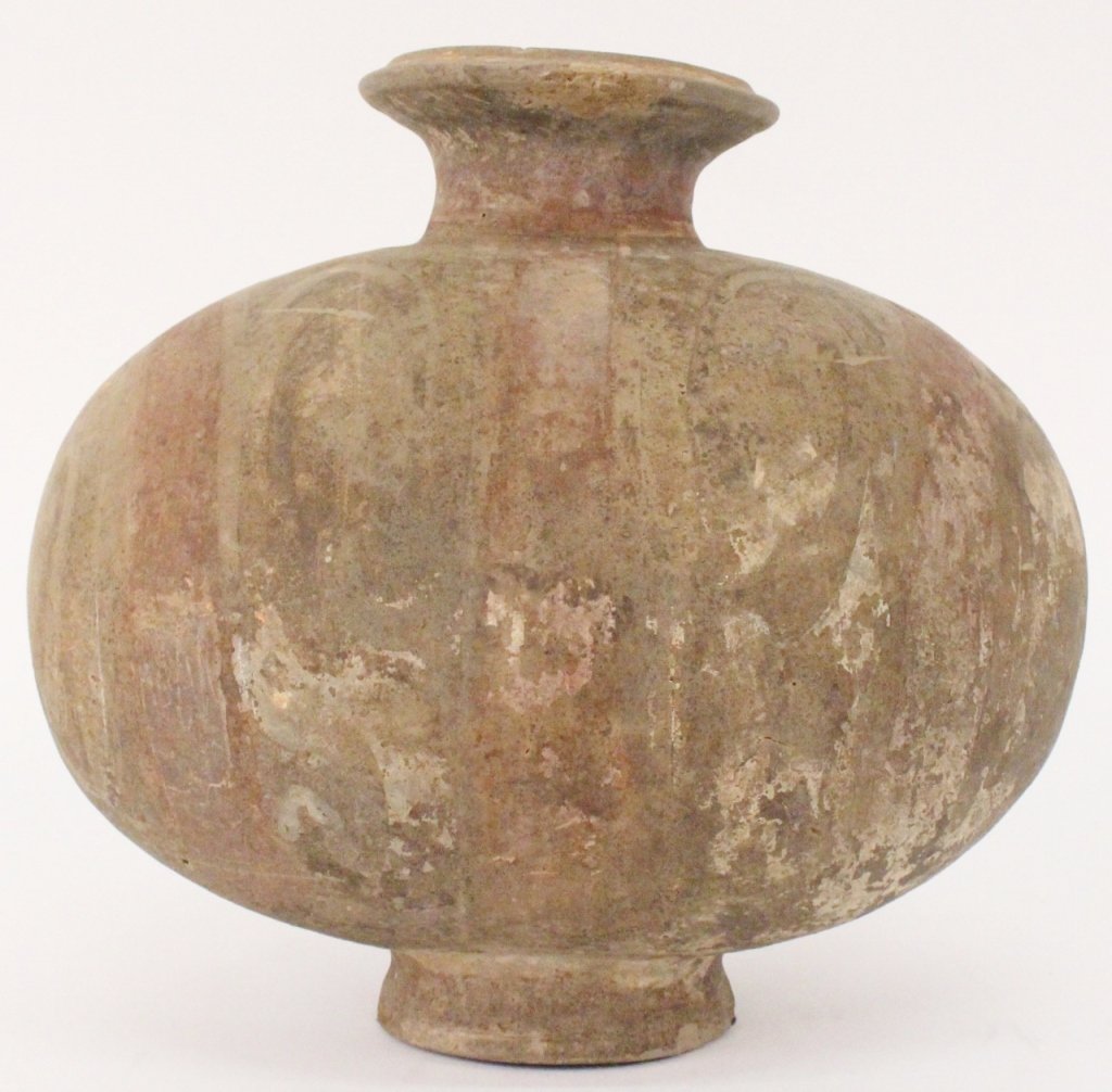 Chinese Han Dynasty Style Pottery Vessel: Chinese Han Dynasty style archaic pottery storage vessel with faint sepia brown and iron red polychroming on exterior with arched decorative motif. Round rim at top of flared squat neck with large ovo
