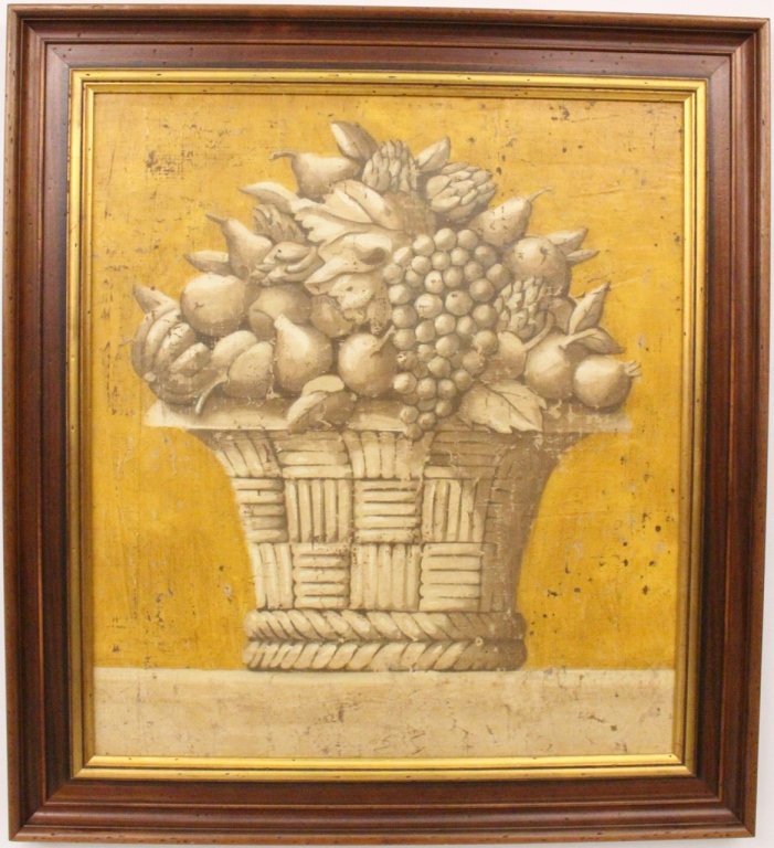 Large Decorative Oil Still Life of Fruit: 20th century large decorative oil on canvas still life basket of fruit presented in a Larson Juhl frame, apparently unsigned. Approximate size 45" x 40.5".