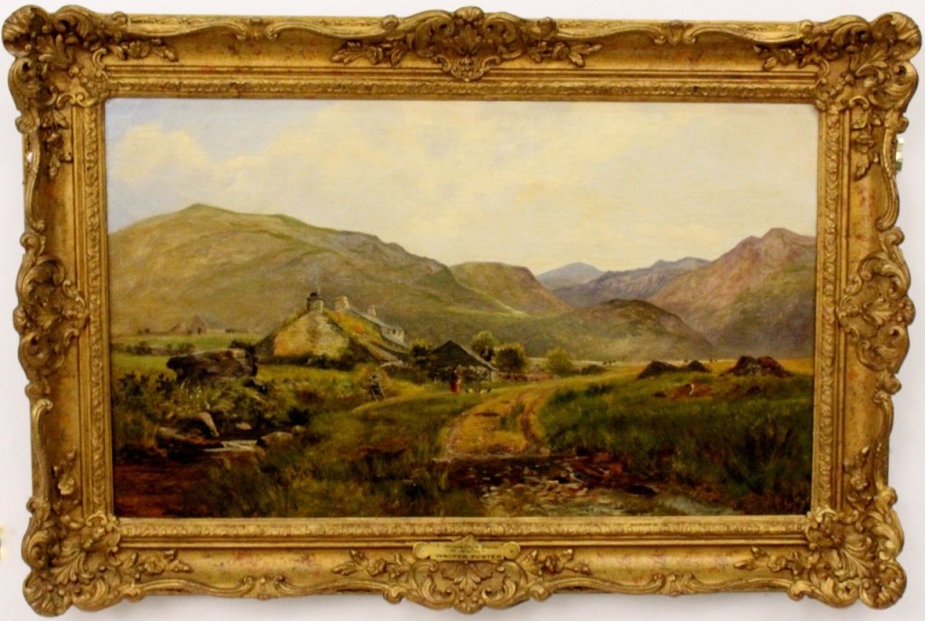 19th C. North Wales Landscape by Foster: Walter H W Foster (British, fl.1861 - 1888), "A Mountain Farm, N. Wales", oil on canvas, signed illegibly lower right. Painting depicting a mountainous landscape with country cottage with woman in apr