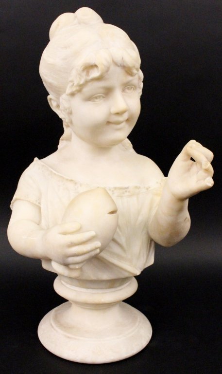 Gino Lapini, Alabaster Sculptural Bust of Girl: Gino Lapini (Italian, 19th/20th century), "Young Girl"-1870, alabaster sculptural bust, inscribed with signature on back "G. Lapini, Firenze 1870". Bust depicting a young girl at bust length wearing a