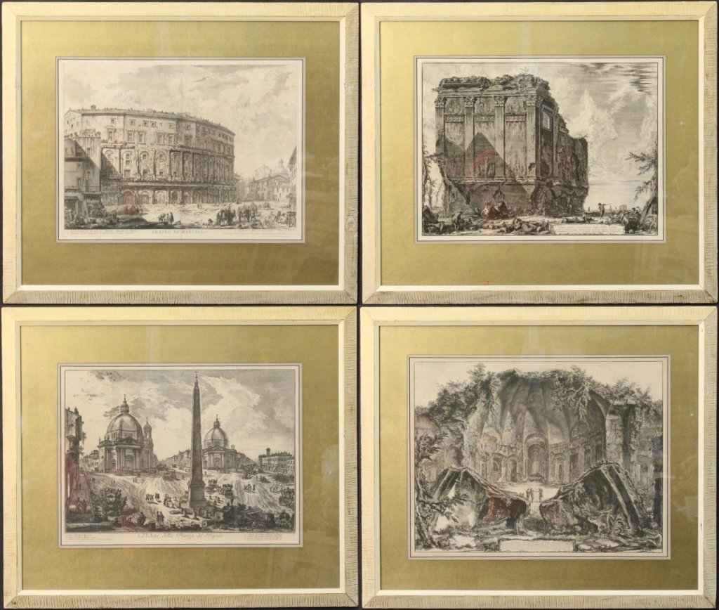 Group of Four Piranesi Vedute Etchings: Group of four Giovanni Battista Piranesi (Italian, 1720-1778) vedute etchings contained in matching cream colored frames. Group comprising of "Veduta della Piazza del Popolo"-1750, plate measures16" x