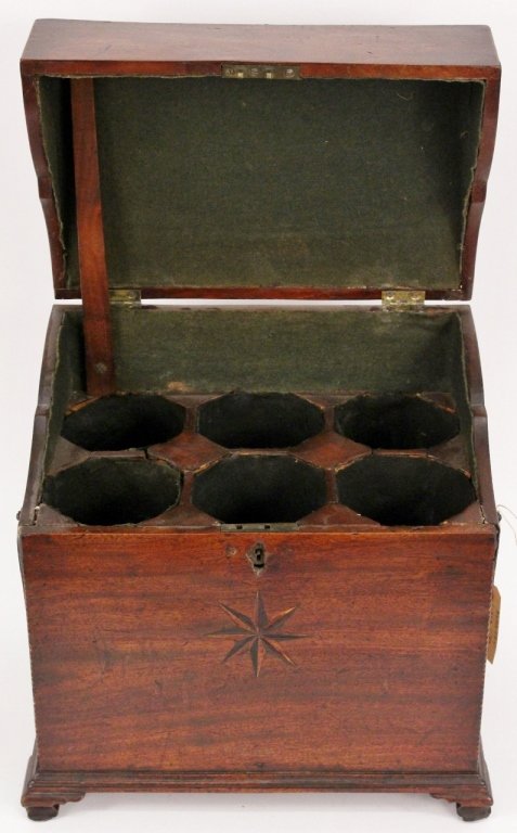 American Early 19th C. Mahogany Cellarette: American, Late 18th/Early 19th Century. Federal mahogany cellarette with inlaid chequer banding and hinged lid opening to interior fitted with 6 hexagonal shaped compartments and working lock mechanis