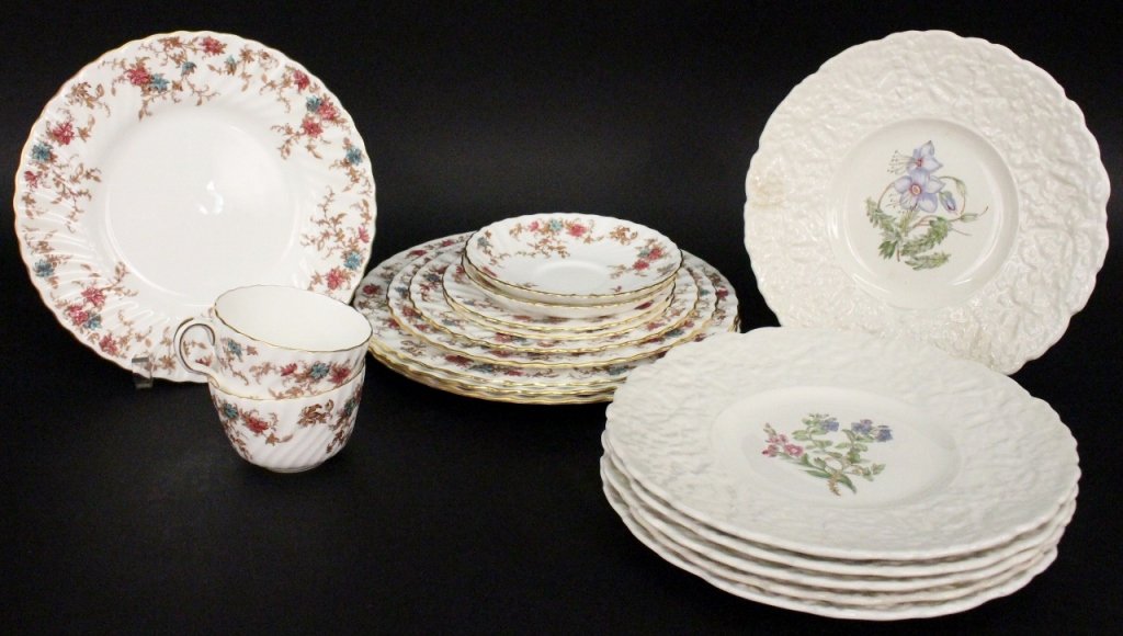 Minton "Ancestral" China & 6 Royal Cauldron Plates: Eighteen piece group of fine china comprising of twelve pieces of Minton "Ancestral" (pattern S376) including three dinner plates, two luncheon plates, one salad plate, two bread and butter plates and