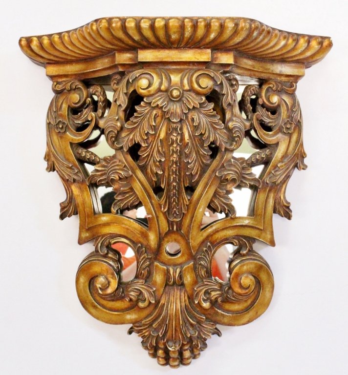 Le Barge Gilt Wood Corbel Wall Bracket: Le Barge (American, Contemporary) designer gilt to copper wood and gesso wall bracket or corbel with gadrooned edge below top above scrolled foliate, acanthus leaves, and floral decoration in front of