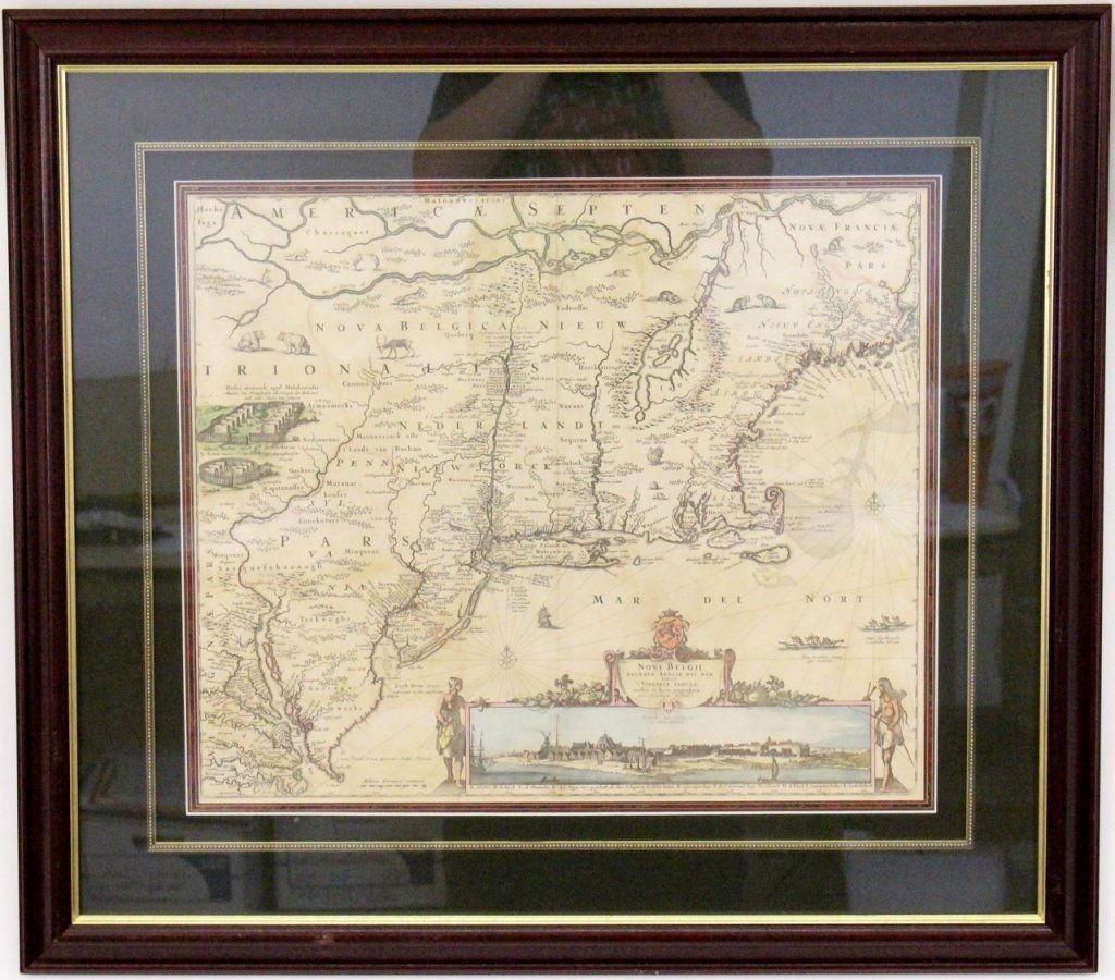 17th C. Map of New Netherlands - Nicholas Visscher: "Novi Belgii Novaeque Angliae Nec Non partis Virginiae Tabula"--1656, hand colored engraved map, second state. Antique map depicting early view of America (or New Netherlands) with one of the first de