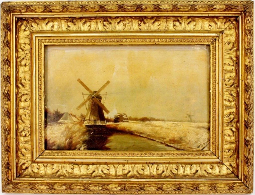 Louis Apol Winter Dutch Landscape Oil on Wood: Louis Franciscus Hendrik Apol (Dutch, 1850-1936), "Dutch Winter Landscape with Windmill", oil on wood panel, signed lower right "M. Louis Apol". Painting depicting a stark winter landscape in Holland
