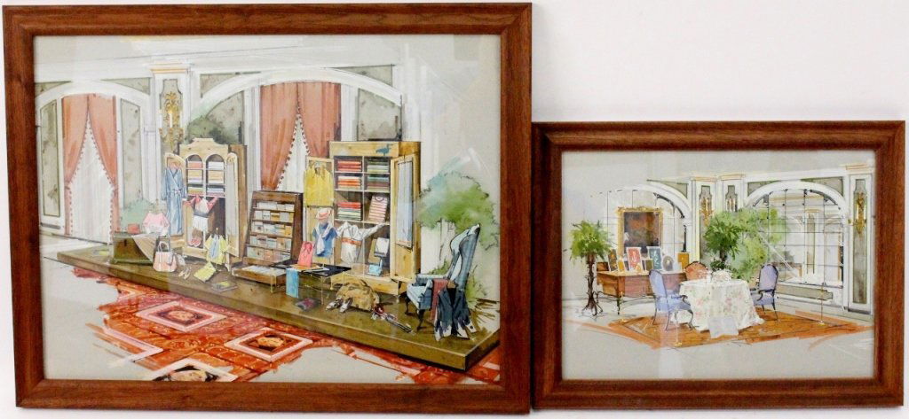 Two Department Store Merchandise Design Sketches: American, 20th century. Two framed merchandising design mixed media (marker and watercolor) sketches on grey paper for interior design and layout of upscale department store. One of smaller format wit