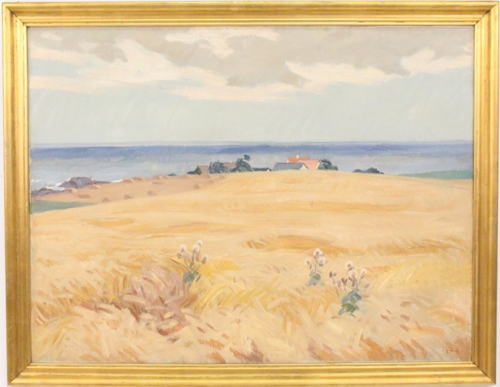 Edvard Oelund-Hansen Summer Landscape: Edvard Oelund-Hansen (1887-1979), "Summer Scandianavian Landscape", oil on canvas. Monogrammed lower right. Large landscape painting depicting a sand colored field in foreground with buildings right o