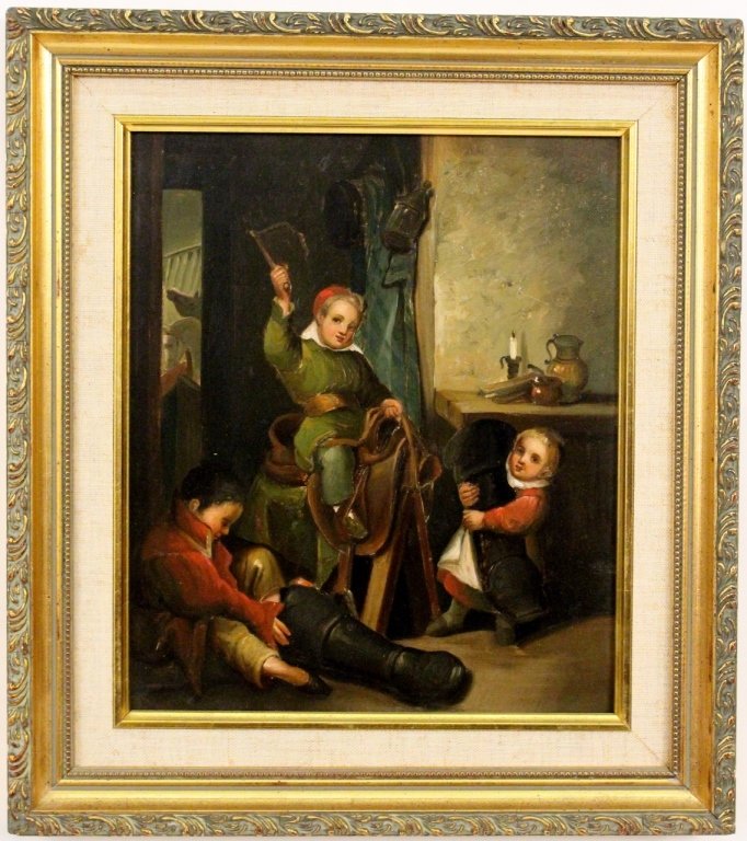 Figural Oil on Copper Painting, Three Boys: Continental School, Late 19th/Early 20th century. Unsigned oil on copper painting depicting three young boy children playing in an interior with large black boots and a saddle. Framed 13.25" x 11.75".