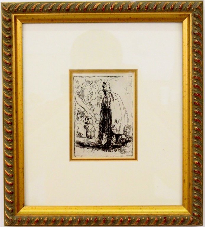 After Rembrandt Etching of a Beggar: After Rembrandt van Rijn (Dutch, 1606-1669), "A Beggar in a Tall Hat and Long Cloak, with a Cottage and Two Figures in the Background"-circa 1628", (Bartsch S376), etching. Framed 13" x 11.5". Sight s