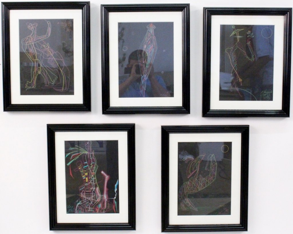 Group of Five Original Works, Mihail Chemiakin: Mihail Chemiakin (Russian/American, b.1943- ), group of five brightly colored pencil and pastel works on black paper. Each vertically aligned with a modern abstract aesthetic with linear sketch like c