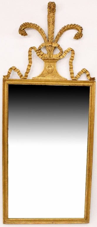 Prince of Wales Feather Mirror: Antique gilt Prince of Wales plume and ribbon mirror. Width-24", Height 58.25".