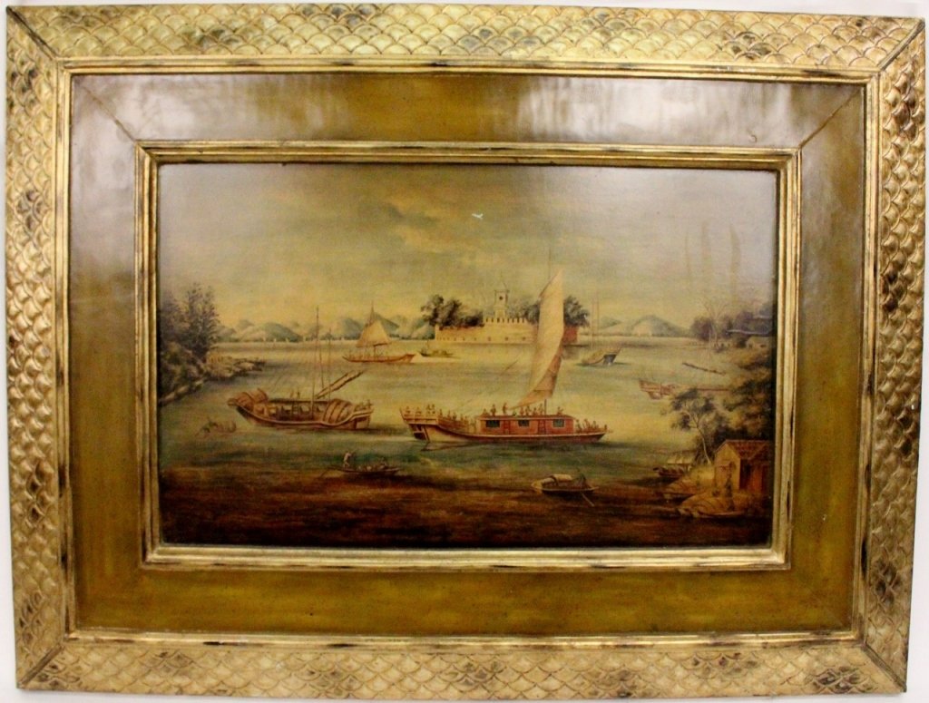 Chinoiserie Style Harbor Scene Painting: Vintage Chinoiserie style painting on board of a harbor scene in a gilt-wood dragon scale frame. Unsigned. No maker's mark.