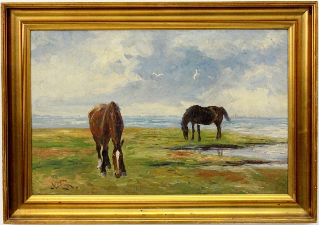 Niels Christiansen Landscape with Two Horses Oil: Niels Christiansen (Danish, 1873-1960), "Scandinavian Landscape with Two Horses", oil on canvas, signed lower left. Painting depicting a bright summer pastoral scene with two horses (one brown, the ot