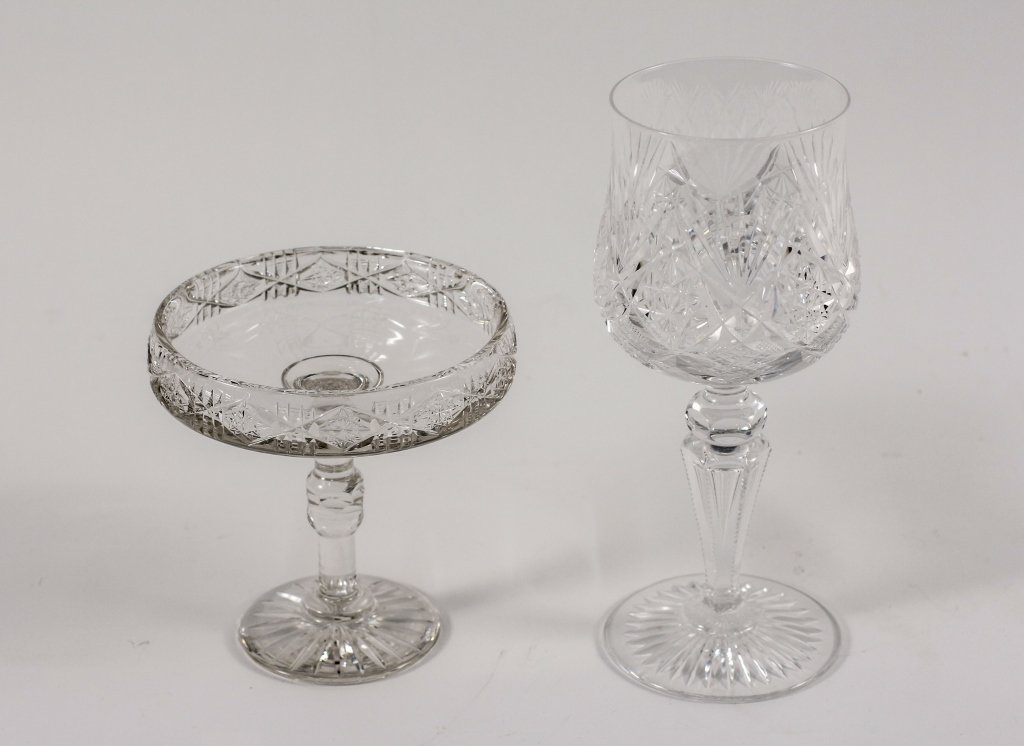 Two Pieces of American Brilliant Cut Glass: American, 19th century. Two pieces of American Brilliant Period glass, both in the manner of Dorflinger, comprised of a large chalice and compote hobstar. The compote with hobstars divided by a bars o
