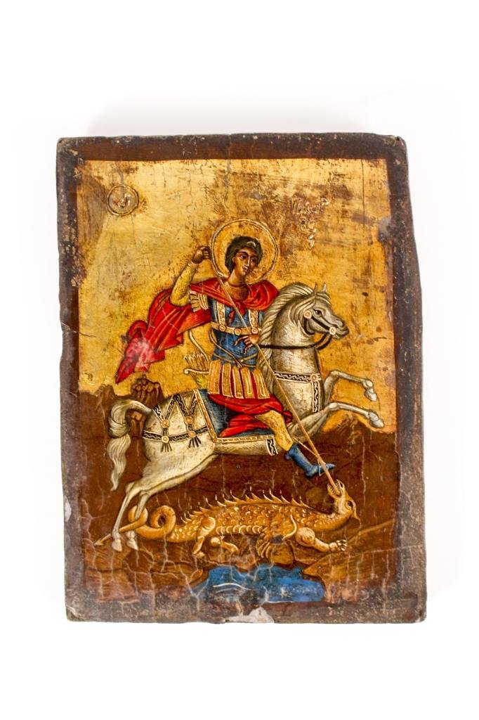 Russian Icon of St. George Slaying Dragon: Russian icon depicting St. George on horseback with spear slaying the dragon. Icon with gold background and in tempera on wood board. Marked with raised marks upper left corner and above horse's head.