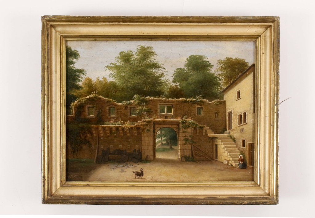 Continental 19th C. Landscape w/Figure & Goat: Continental School (likely French), mid 19th century (circa 1853), "Courtyard Landscape with Figure and Goat", oil on canvas, incised on stretcher "BONNERY 1853", otherwise unsigned. Painting depictin