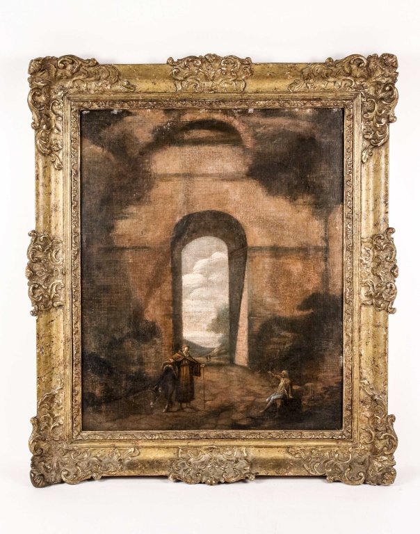 19th C. Oil on Canvas of Travelers on a Path: Continental School, 19th century. "Travelers on a Path", oil on canvas, unsigned. Figural painting depicting a bearded monk wearing red robe and cap speaking to a seated man resting on rocks beside a 