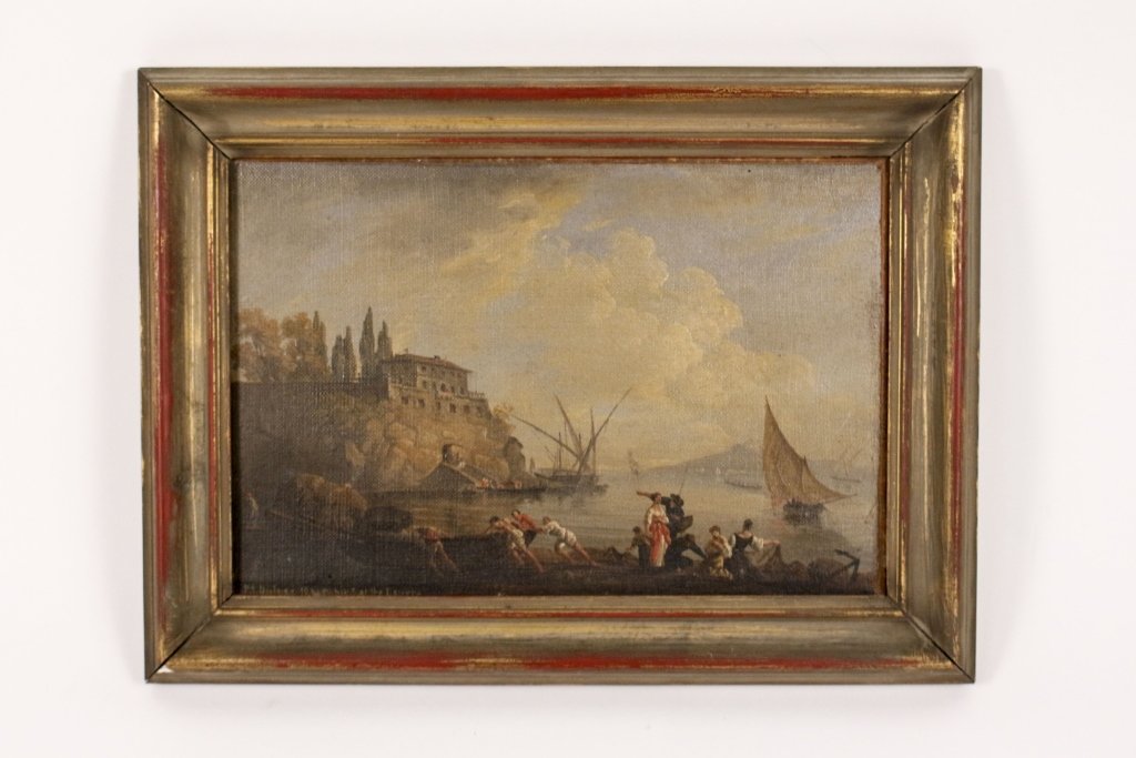 19th Century Oil Copy of Masterwork in Louvre: Likely British, Last Quarter of 19th century. Oil on canvas painting after the 18th century masterpiece noted as being in the collection at the Louvre, likely by Philip John Ouless. Naples harbor land