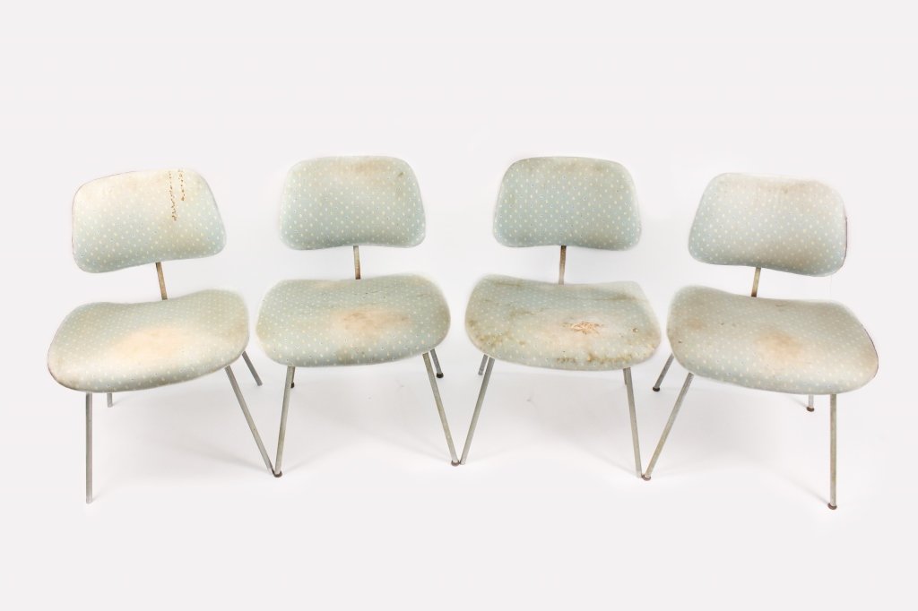Set of 4 Upholstered Eames DSM Chairs: Charles (American, 1907-1978) and Ray Eames (American, 1912â€“1988) for Herman Miller, set of four matching mid century modern DCM side chairs with pale blue and multicolored dot patterned fabric