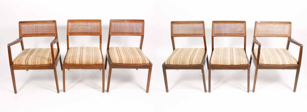 Set of 6 Jens Risom Upholstered Dining Chairs: Set of six matching Jens Risom (Danish/American, b. 1916-) Scandinavian mid century modern upholstered stained walnut wood framed dining chairs comprising of four side chairs and two armchairs. Each w