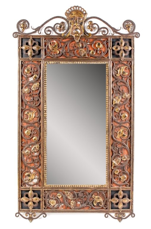 Oscar Bach Bronze & Iron Wall Mirror, Art Deco: Oscar Bach (German/American,1884-1954), Art Deco bronze and iron framed vertically aligned wall mirror with tragedy mask at top flanked by scrolled foliates and grapes above rectangular surround with 