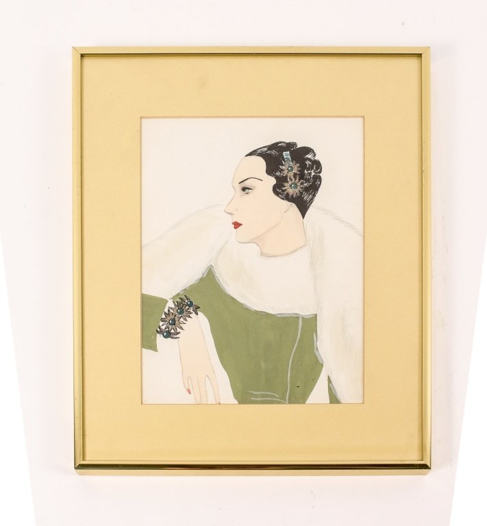 Austin for Miriam Haskell Jewelry Illustration: Larry Austin for Miriam Haskell (American, 1899-1981), circa 1930s jewelry advertising illustration, gouache on illustration board, apparently unsigned. Advertising illustration highlighting Haskell's