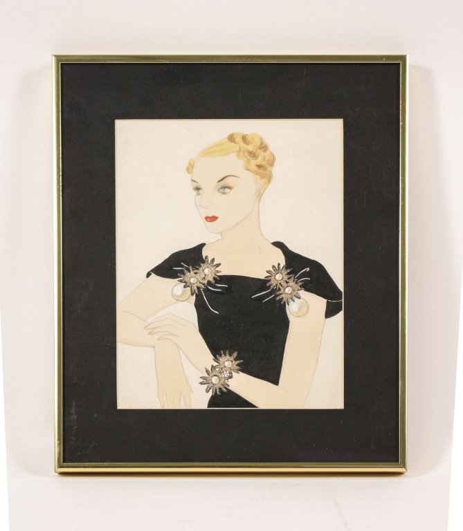 Austin for Miriam Haskell Jewelry Illustration: Larry Austin for Miriam Haskell (American, 1899-1981), circa 1930s jewelry advertising illustration, gouache on illustration board, apparently unsigned. Advertising illustration highlighting Haskell's