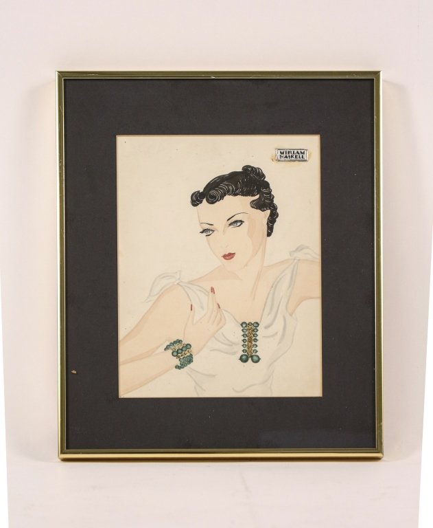 Austin for Miriam Haskell Jewelry Illustration: Larry Austin for Miriam Haskell (American, 1899-1981), circa 1930s jewelry advertising illustration, gouache on illustration board, apparently unsigned., MIRIAM HASKELL label in upper left corner. Adv