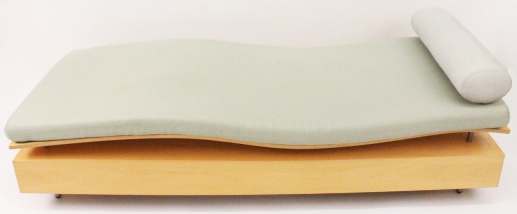 Maya Lin Longitude Chaise Lounge: Maya Lin (American, b. 1959), Longitude Chaise Lounge for Knoll International-1998. Modern chaise lounge with maple wood rectangular frame below molded gently undulating plywood top raised on six squa
