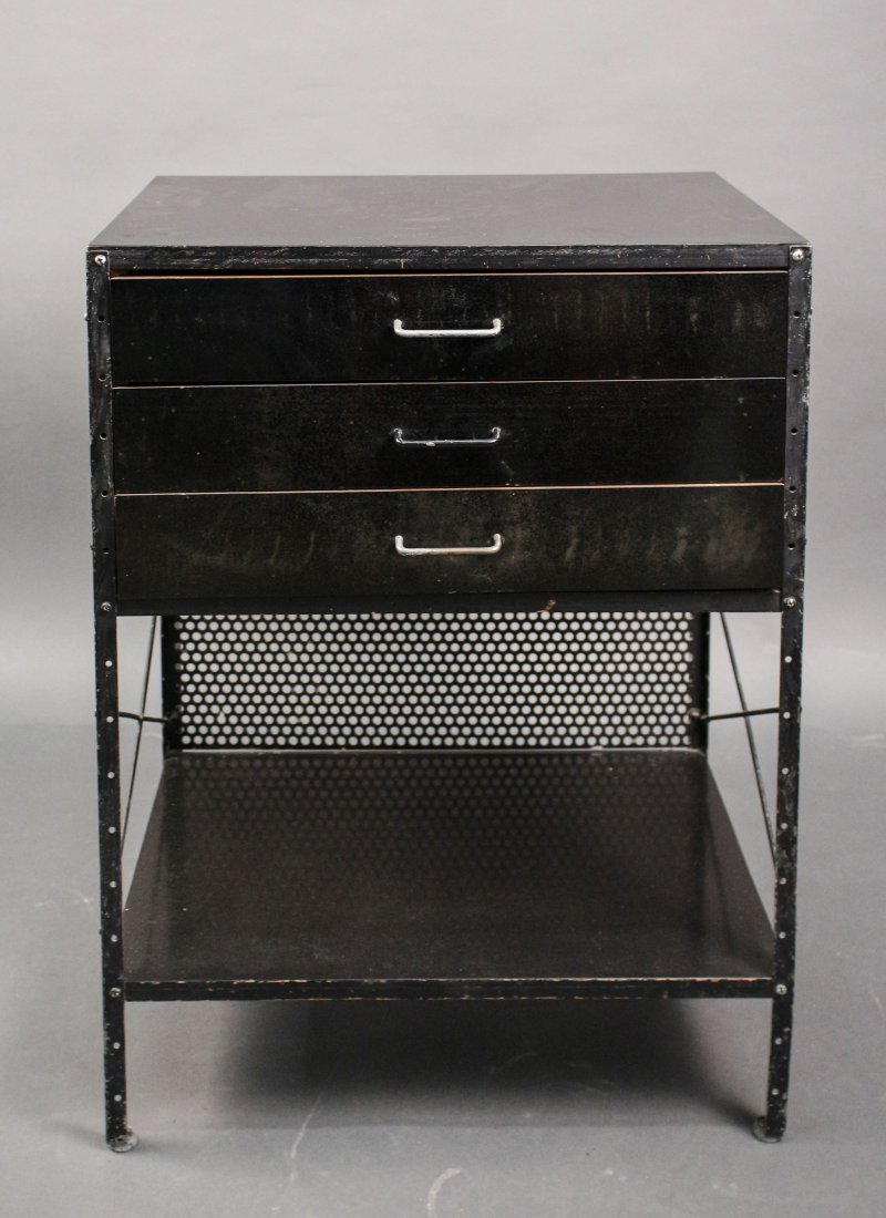 Eames for Herman Miller ESU Storage Unit: Charles (American, 1907-1978) and Ray Eames (American, 1912â€“1988) for Herman Miller mid century modern ESU 270, circa 1950, with black rectangular top above three maple front pull out drawers s