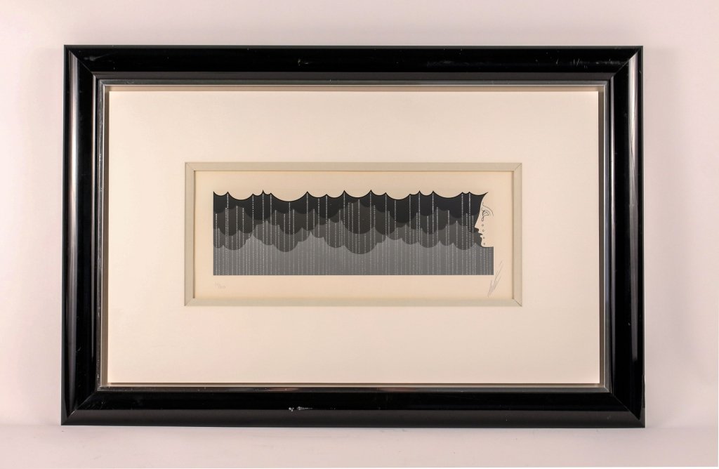 Erte "Rain" Serigraph, Pencil Signed & Numbered: Romain (Erte) De Tirtoff (French/Russian 1892 - 1990), "Rain," serigraph, pencil signed lower right margin, pencil numbered with edition 44/300 lower left margin. Limited edition print depicting stack