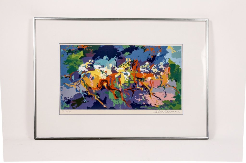 LeRoy Neiman Serigraph, Signed & Numbered: LeRoy Neiman (American,1921-2012) "Jockeys on Horseback in Race", serigraph, pencil signed lower right margin, numbered in pencil lower left margin "97/300". Framed 18.25" x 26.25". Image size approxi