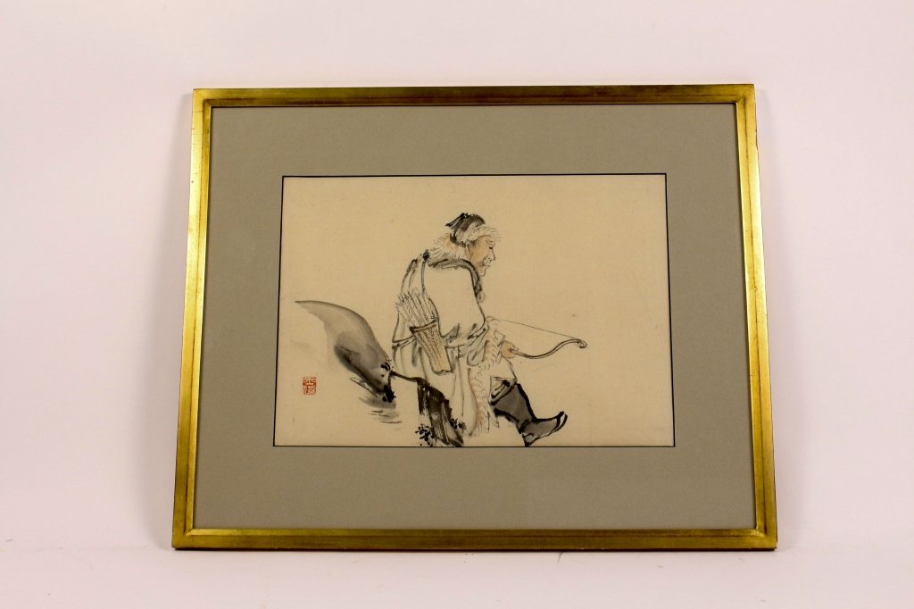 Japanese Watercolor of Man with Bow & Arrows: Japanese figural watercolor depicting a seated male hunter or samurai or archer depicted in profile wearing a hat and jacket holding a bow (yumi) and wearing a billowy white top and black boots. Red s