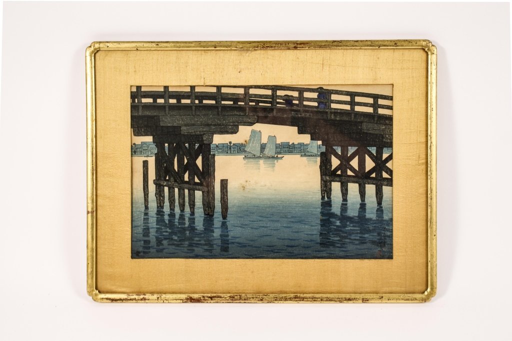 Kawase Hasui Woodblock Print: Kawase Hasui (Japanese, 1883-1957), "Kamino Hashi, Bridge Over the Fukagawa, (Fukagawa Kamino Hashi)"--circa 1920 from the series "Twelve Subjects of Tokyo (Tokyo, Ju-ni Dai)", color woodblock print, 