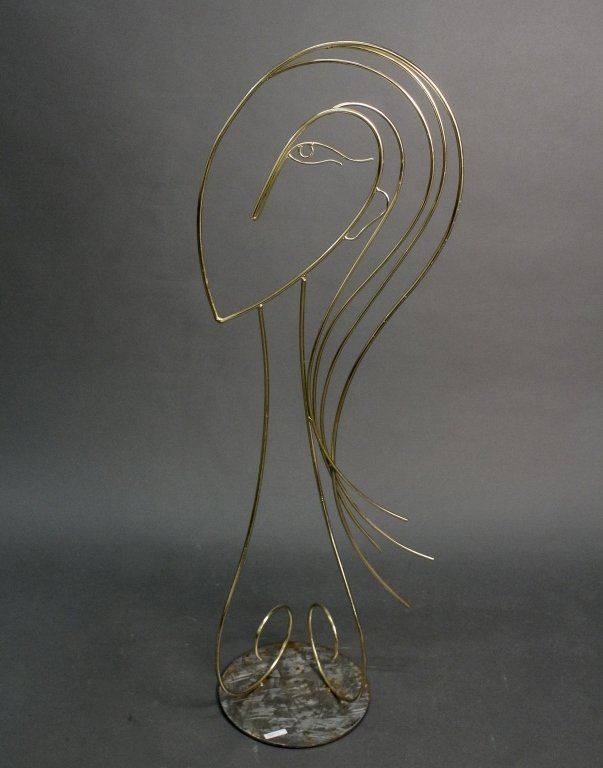 Curtis Jere Modern Brass Floor Sculpture of Woman: Curtis Jere (French, Late 20th century), modern and contemporary brass tubular figural floor sculpture in the form of woman with long hair rendered in abstracted matter with one eye, angular forms and