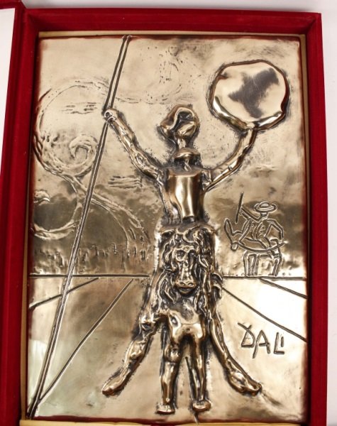 Dali "Don Quixote" Gold Patina Bas Relief Plaque: Salvador Dali (Spanish, 1904-1989), "Don Quixote", metal bas relief sculptural wall plaque with gold patina, signature within matrix lower right, numbered lower left "H.C. 94/125". Work contained in o