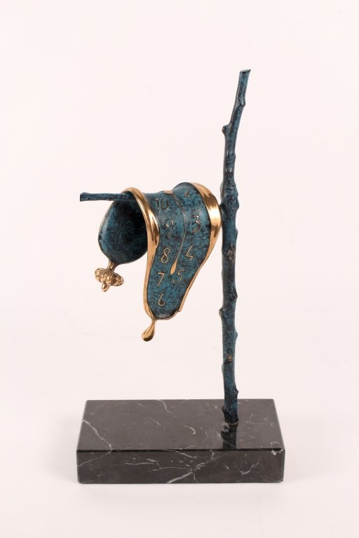 Dali "Persistence of Memory" Bronze Sculpture: Salvador Dali (Spanish, 1904-1989), "Persistence of Memory"-1981, patinated and gilt bronze table top Surrealist sculpture, incised signature on underside of melting circular clock, also marked with e
