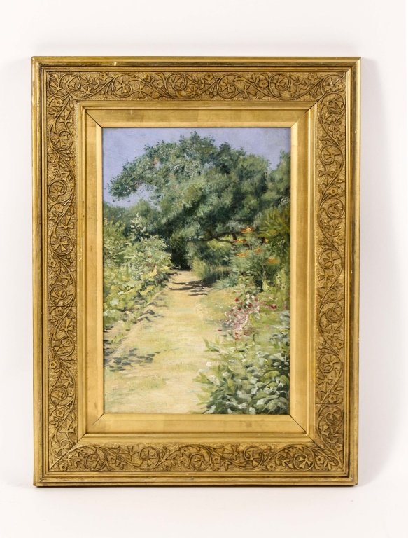Attr. to Caroline Houston Garden Oil on Canvas: Attributed to Carolina A. Houston (American (New York), b. 1871), "Garden in Martique, France", oil on canvas, unsigned. Verso with handwritten note that reads "Painted by Caroline Houston in Martique