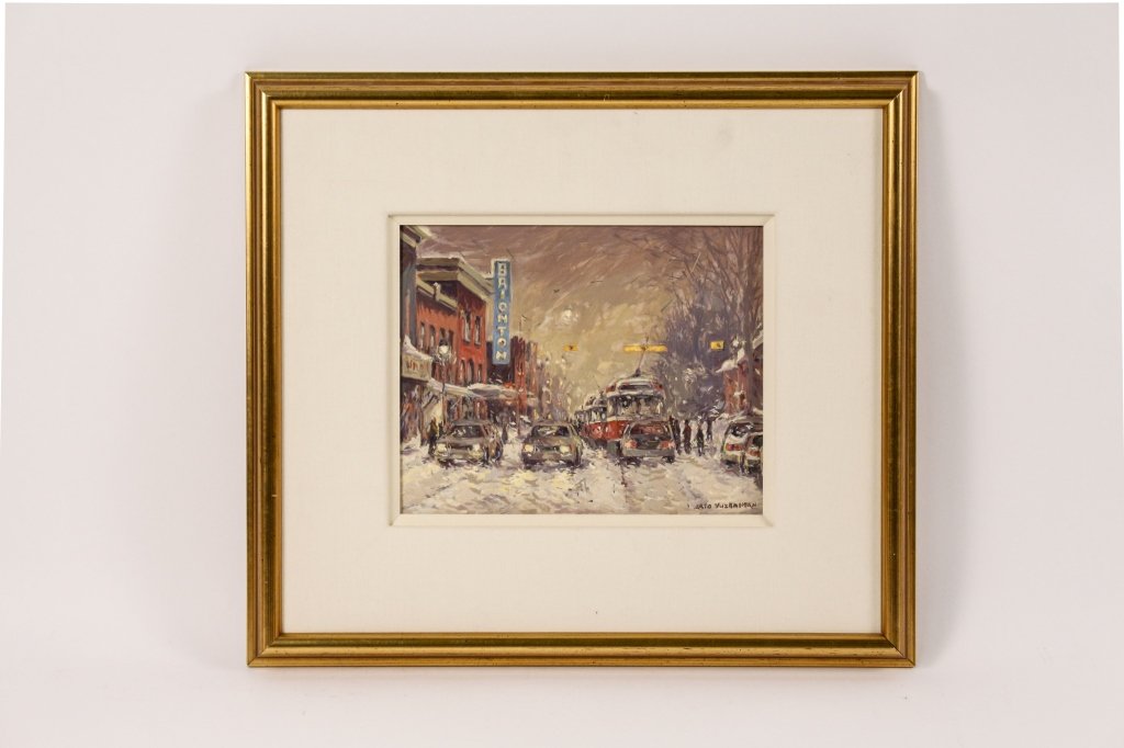 Arto Yuzbasiyan Oil on Wood Painting, Signed: Arto Yuzbasiyan (Armenian/Canadian, b. 1948-), "Theatre on Roncesvalles Avenue"-2005, oil on wood panel, signed lower right. Painting depicting a snowy street scene in Toronto, Canada with cars, buses