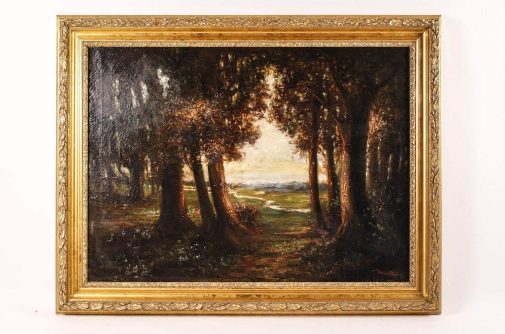 Ferdinand Danton Jr. Landscape Oil on Canvas: Ferdinand Danton, Jr. (American,1877-1939), "Forest Landscape", oil on canvas, signed lower right "FERDINAND DANTON". Painting depicting a forest landscape with trees in foreground with clearing in ba