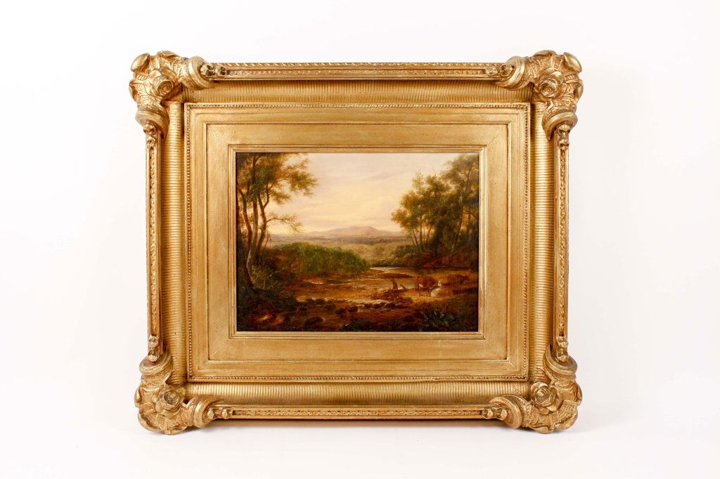 Landscape with Figure, Dog & Cows, Circa 1830s: British School, 19th century (circa 1830s),"Landscape with Figures", oil on wood panel, unsigned. Verso of wood panel with label from Roberson & Miller (who were in business selling art supplies from